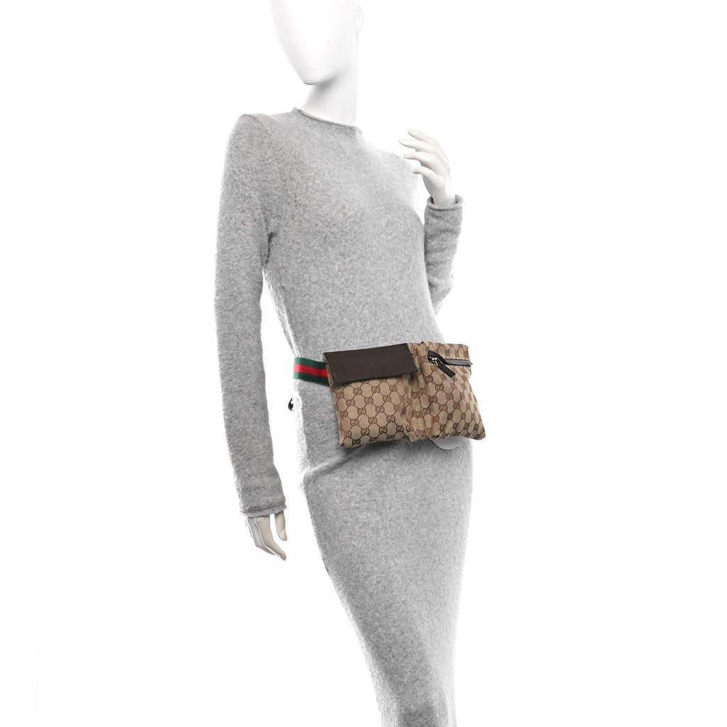 GG Monogram Web Double Pocket Belt Bag Dark Brown
