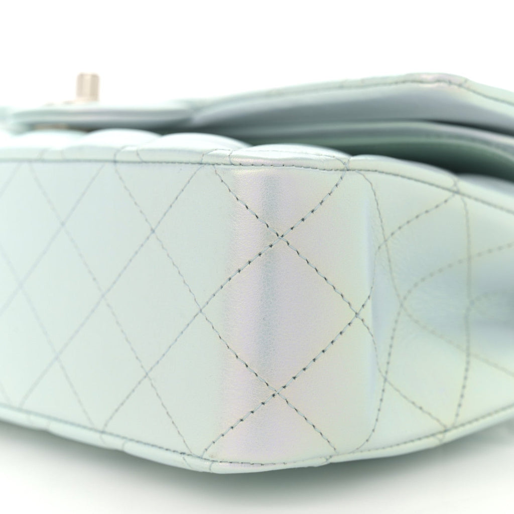 Iridescent Calfskin Quilted Medium Double Flap Light Blue