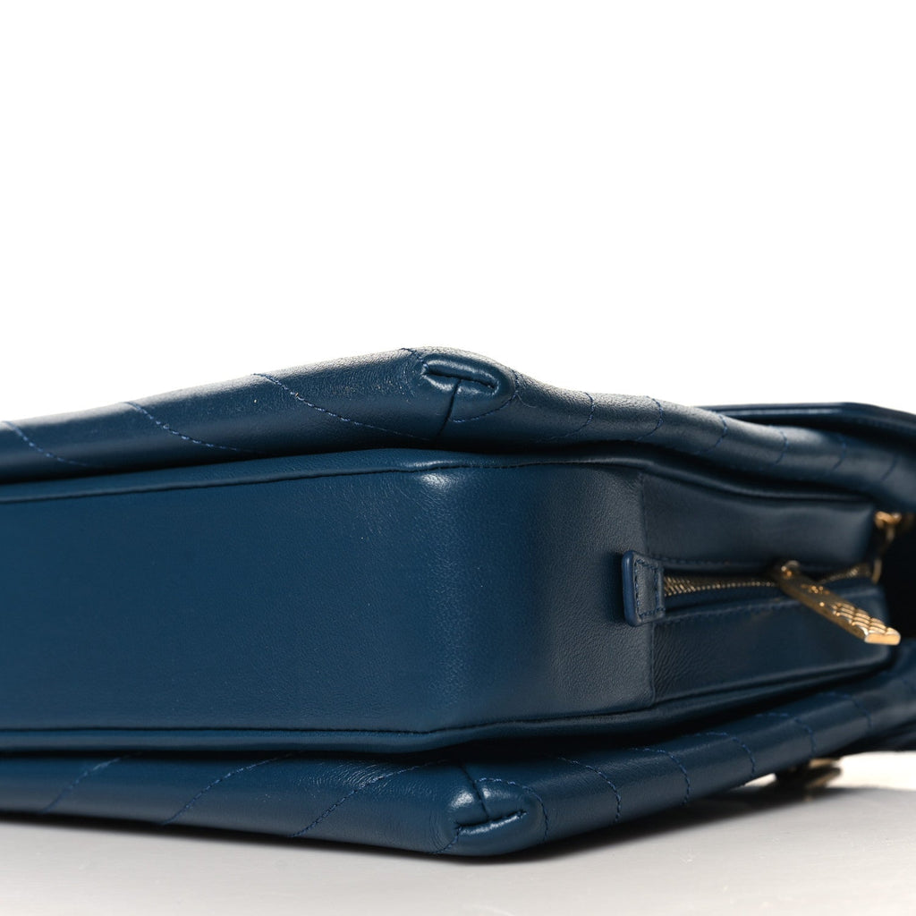 Lambskin Chevron Stitched Large Envelope Flap Blue