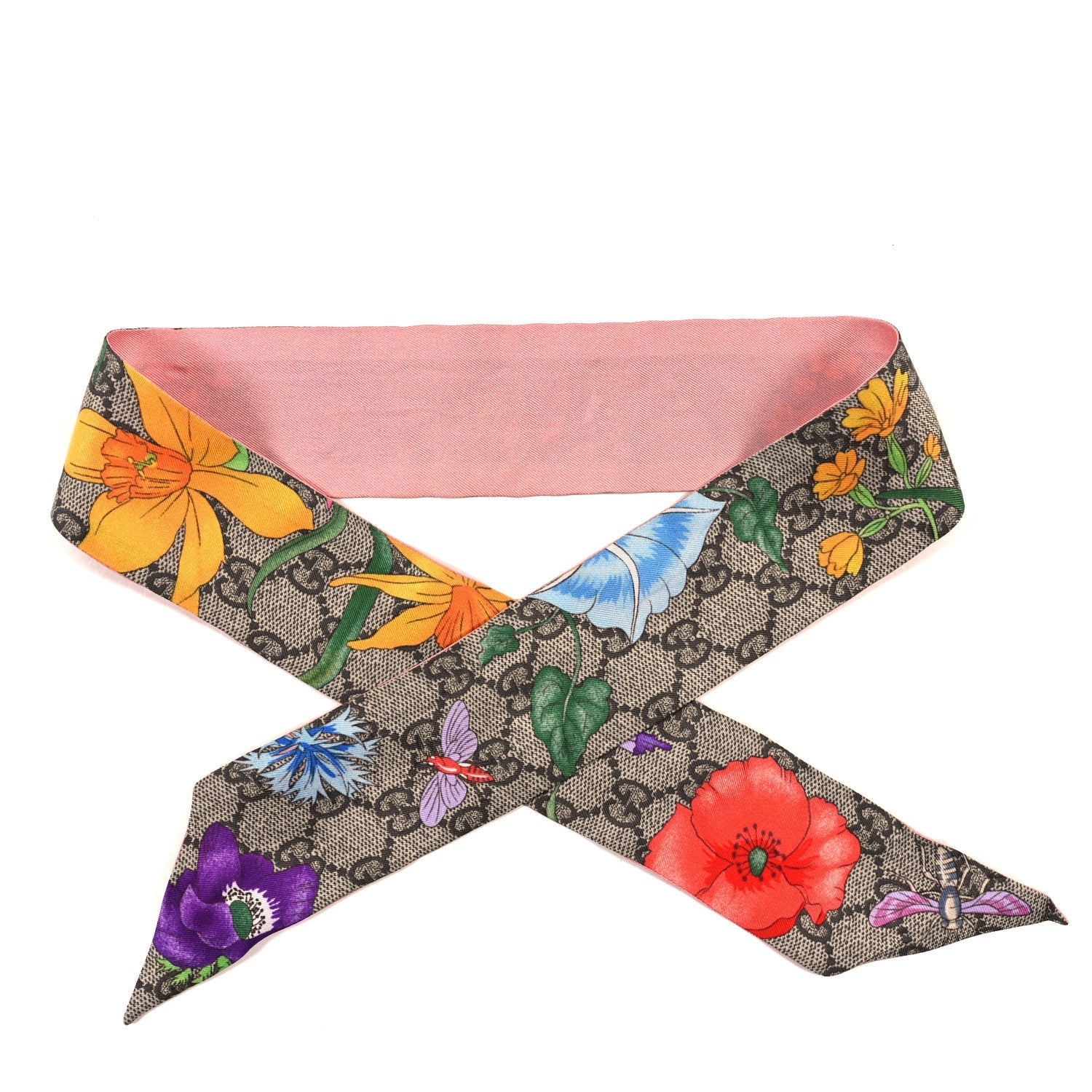 Silk Twill GG Monogram Special Flory Neck Bow Scarf Beige Pink