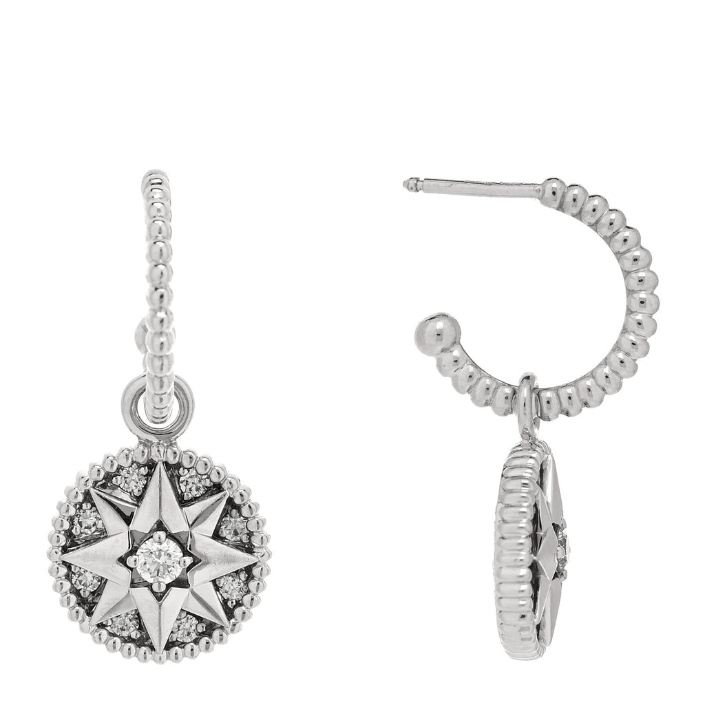 18K White Gold Diamond Rose Des Vents Pave Hoop Earrings