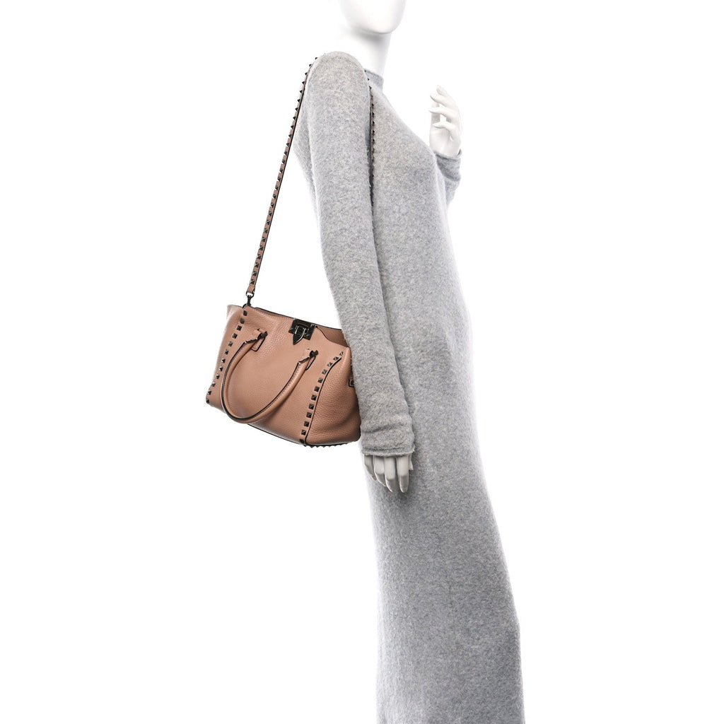 Pebbled Calfskin Small Rockstud Double Handle Tote Soft Noisette