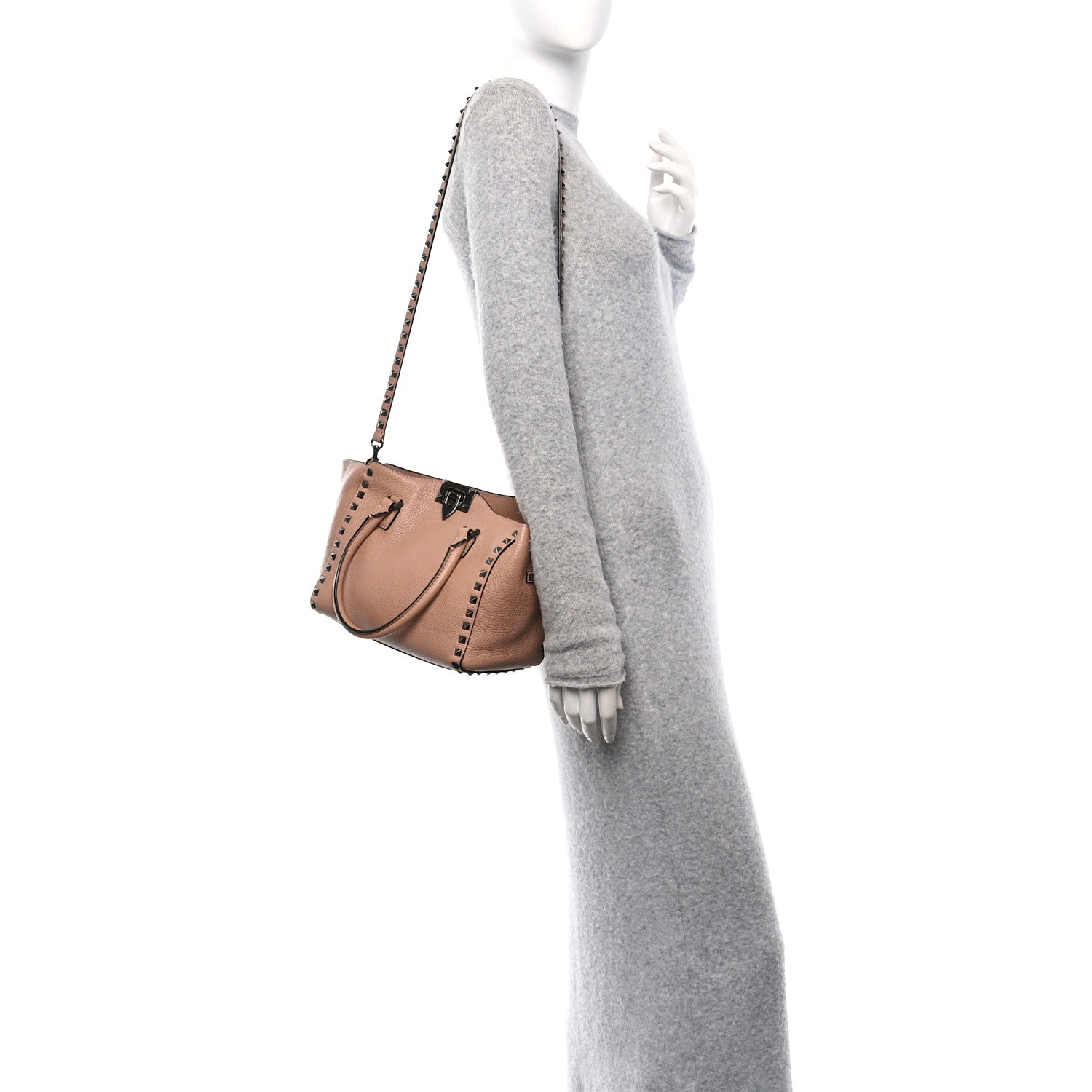 Pebbled Calfskin Small Rockstud Double Handle Tote Soft Noisette