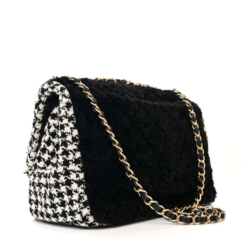 Shearling Tweed Jumbo Single Flap Black White