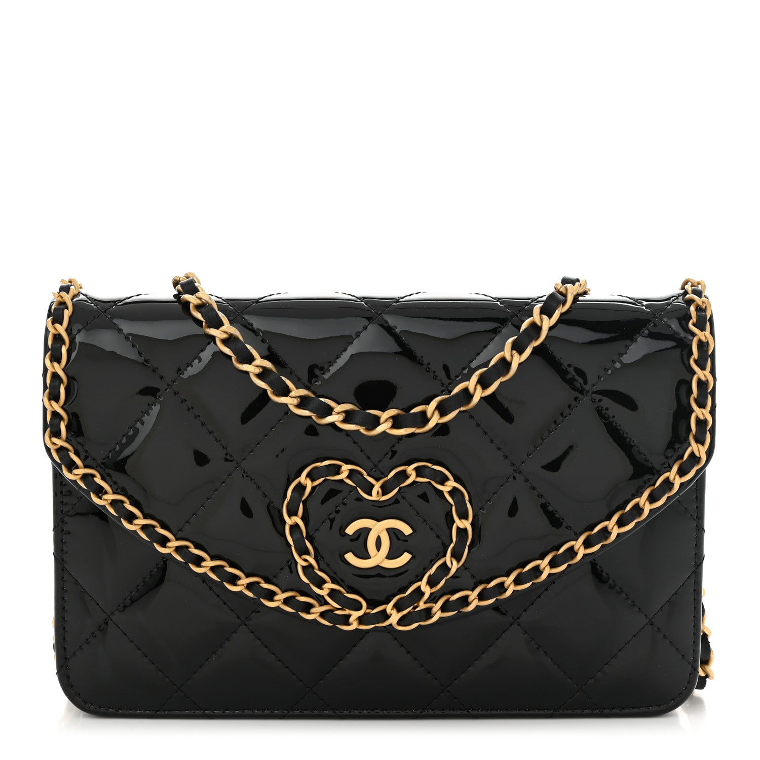 Patent Quilted Chain Around Heart Wallet On Chain WOC Black