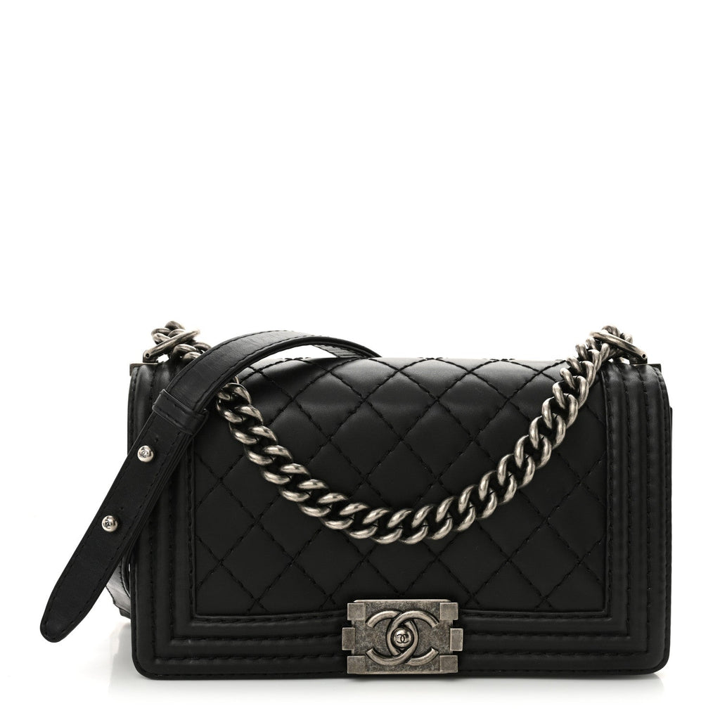 Calfskin Stitched Medium Boy Flap Black