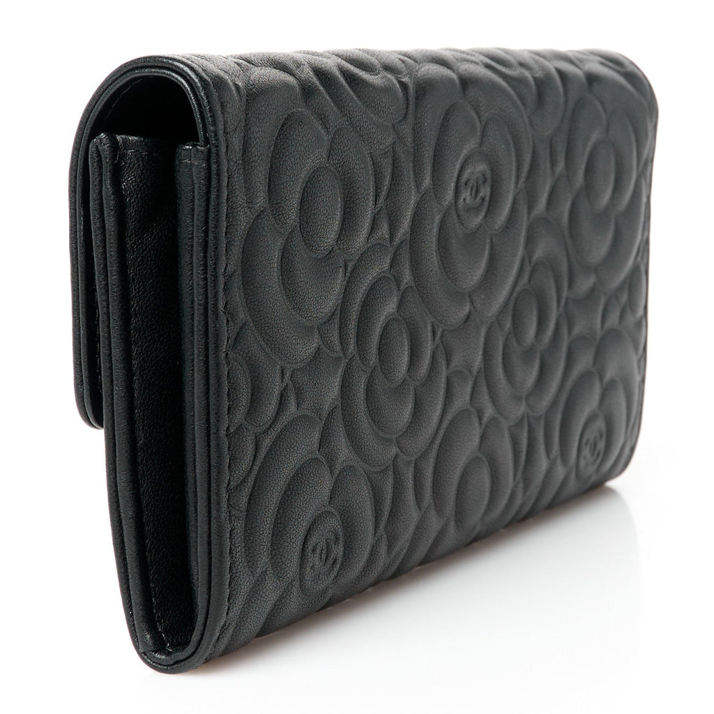 Lambskin Embossed Camellia Large Gusset Flap Wallet Black