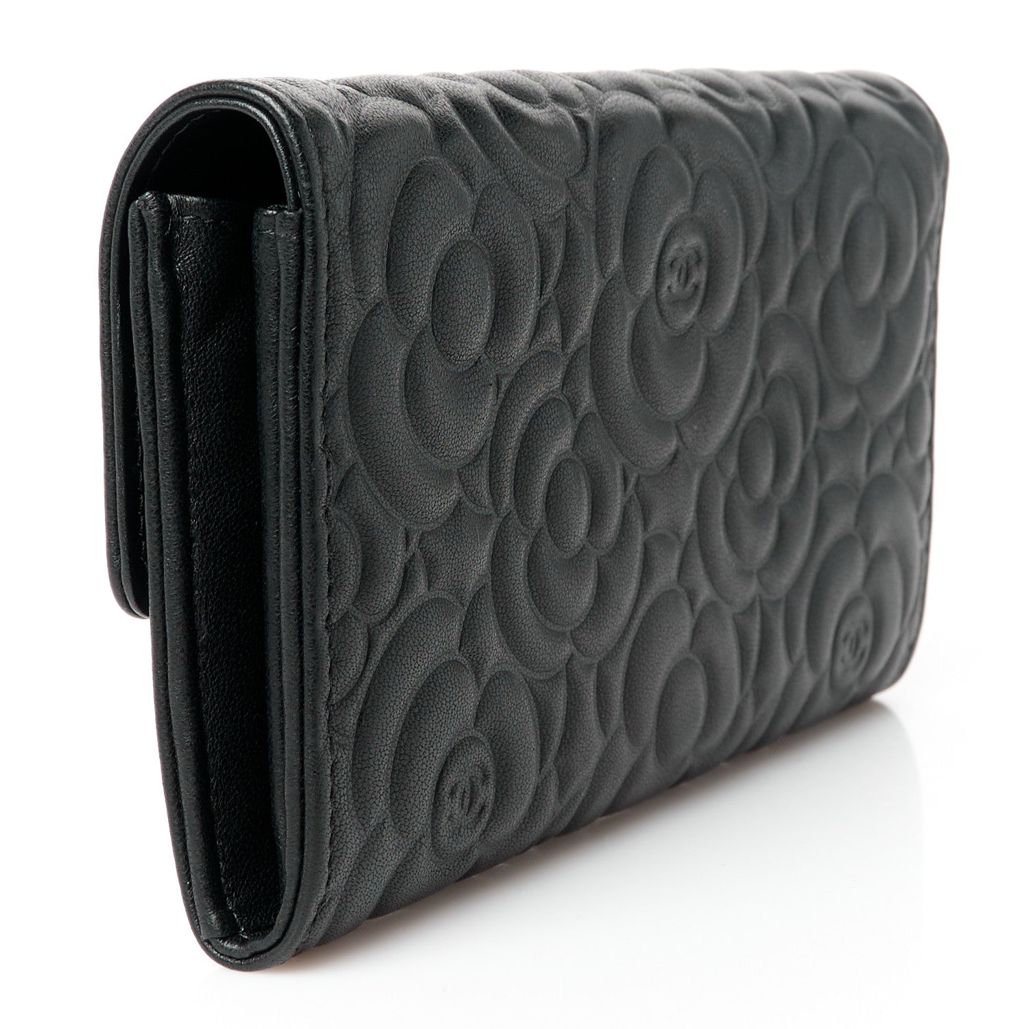 Lambskin Embossed Camellia Large Gusset Flap Wallet Black
