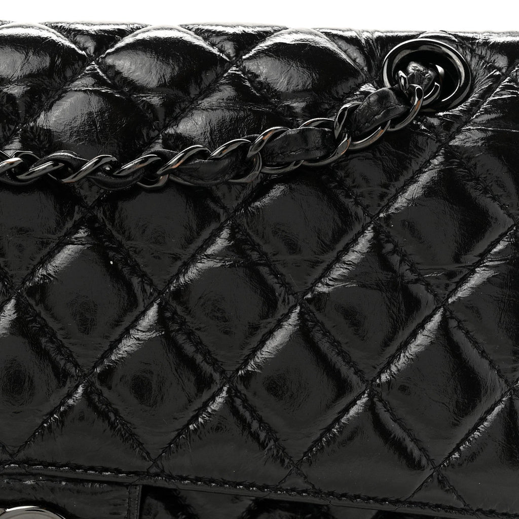 Shiny Crumpled Calfskin Quilted Medium Double Flap So Black