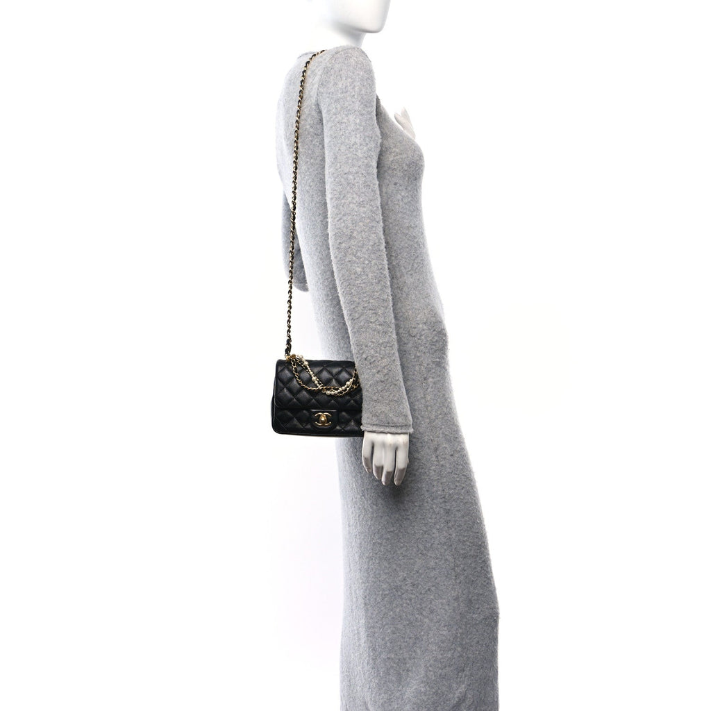 Shiny Lambskin Quilted Pearl Twist Mini Square Flap Black
