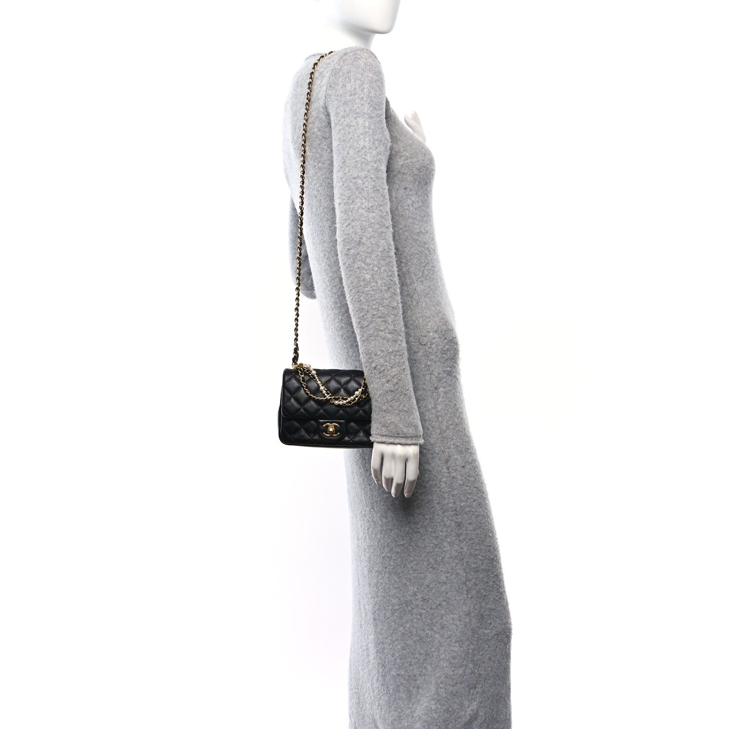 Shiny Lambskin Quilted Pearl Twist Mini Square Flap Black