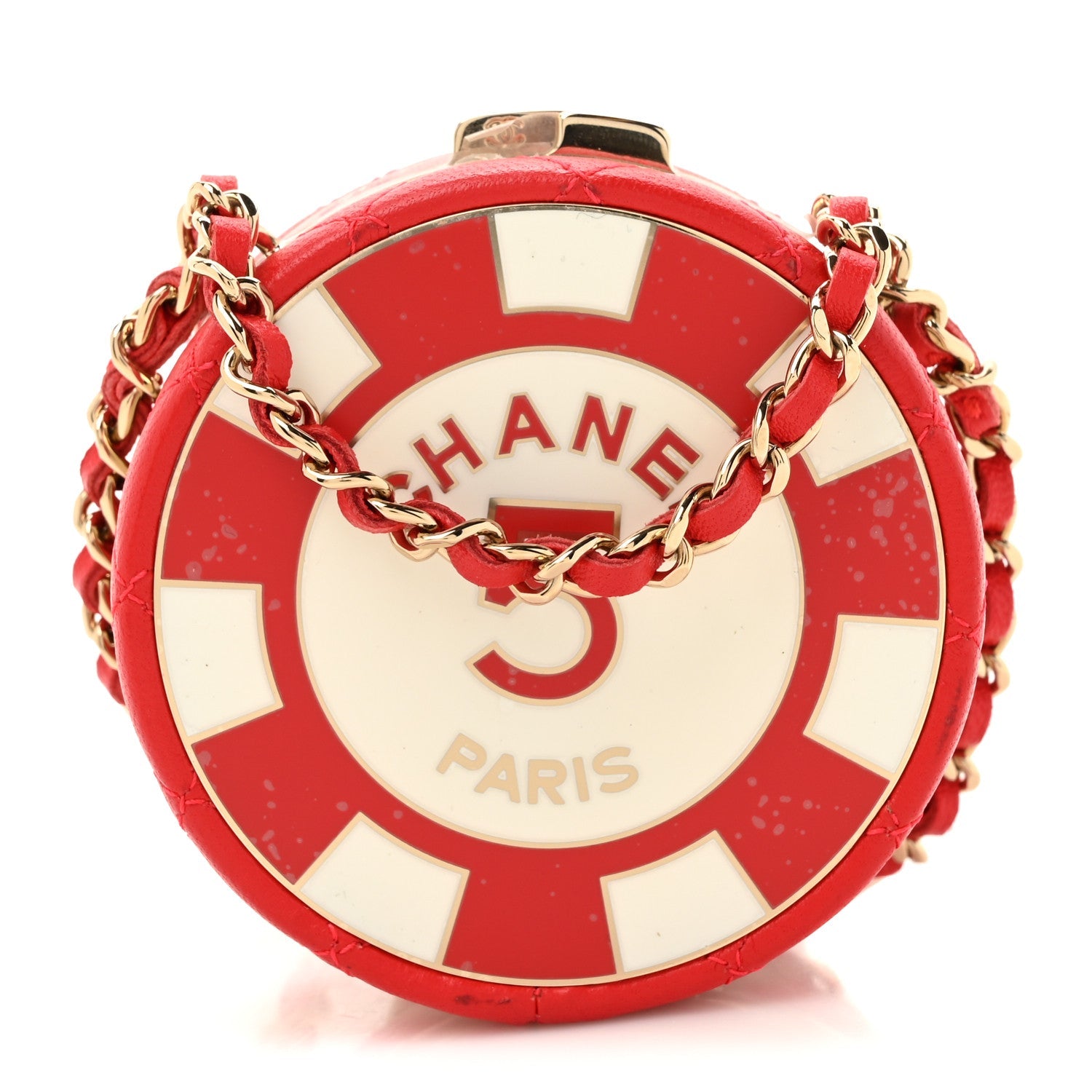 Lambskin Enamel Quilted Round Poker Chip Clutch With Chain Red White