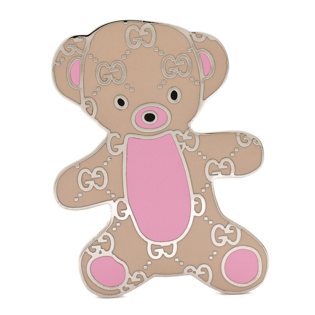 Metal Enamel Monogram Bear Brooch Beige Pink