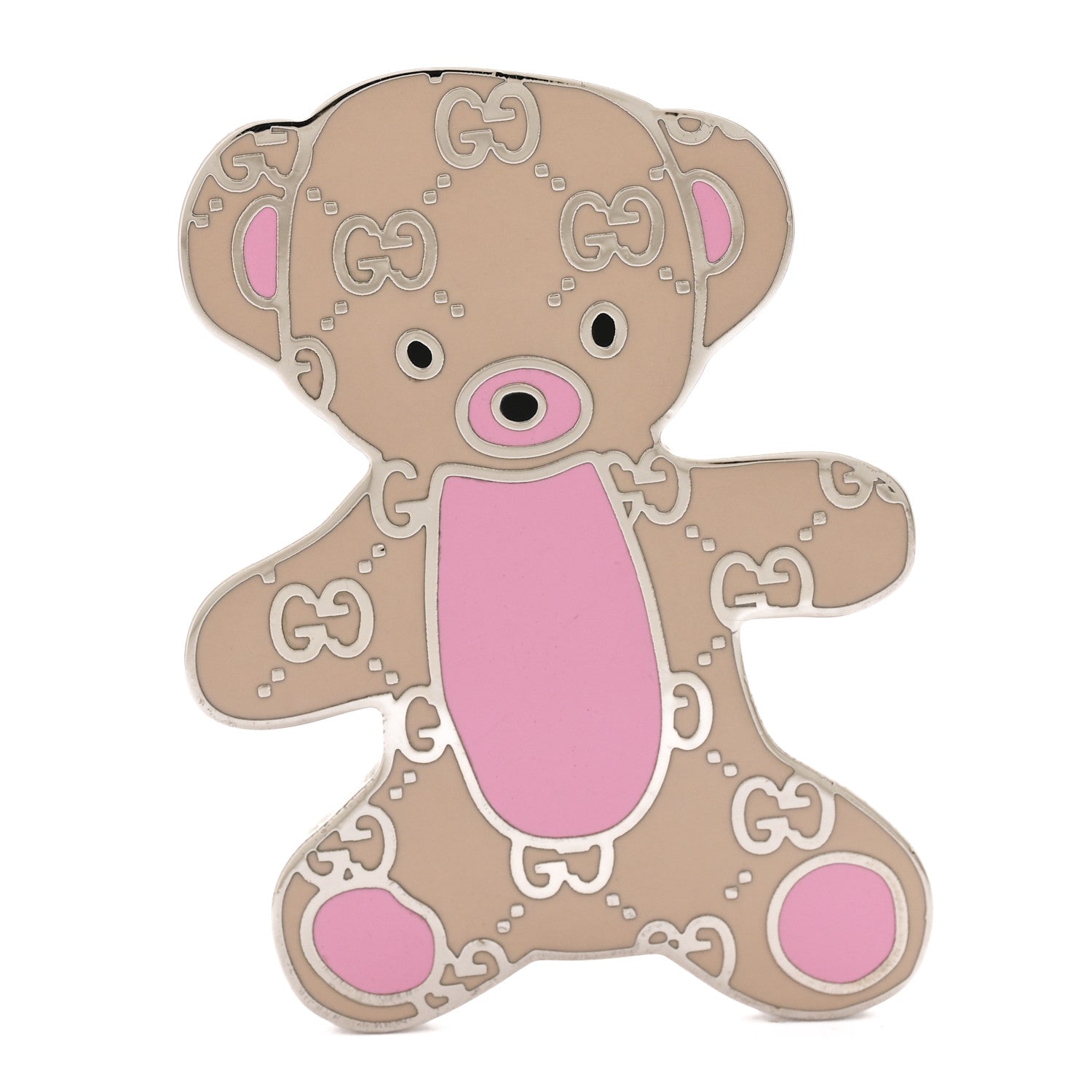 Metal Enamel Monogram Bear Brooch Beige Pink