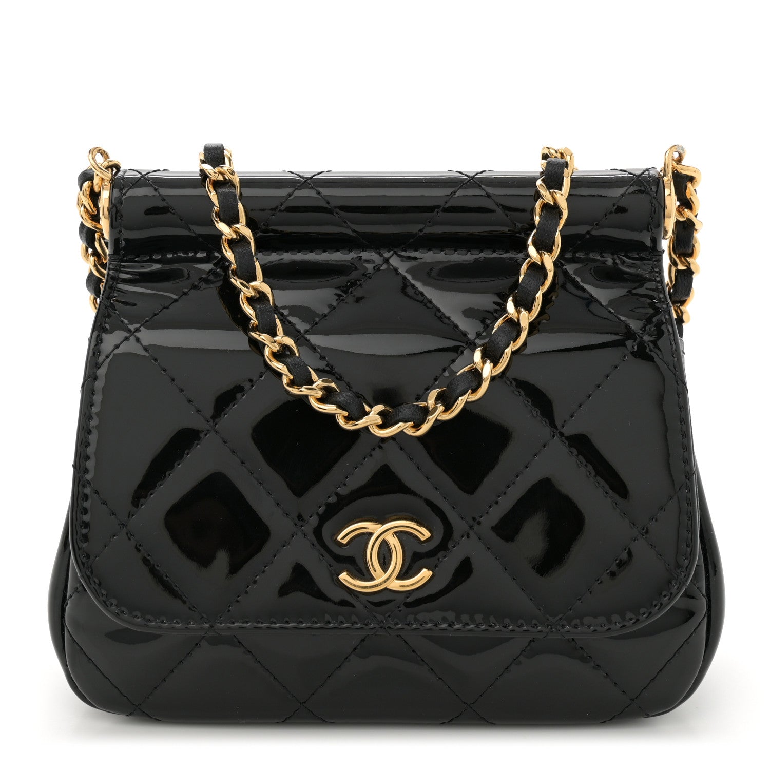 Patent Quilted Frame Clutch Flap With Chain Black