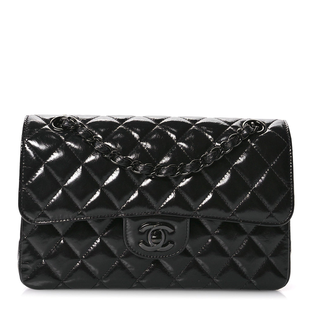 Shiny Crumpled Calfskin Quilted Small Double Flap So Black