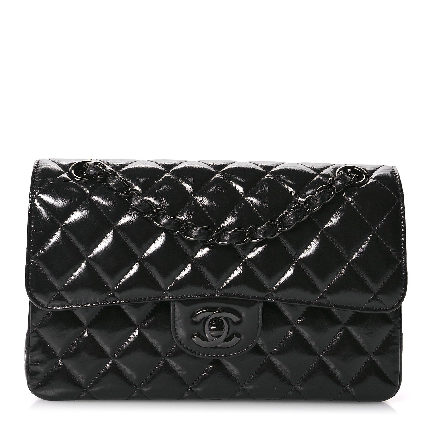 Shiny Crumpled Calfskin Quilted Small Double Flap So Black