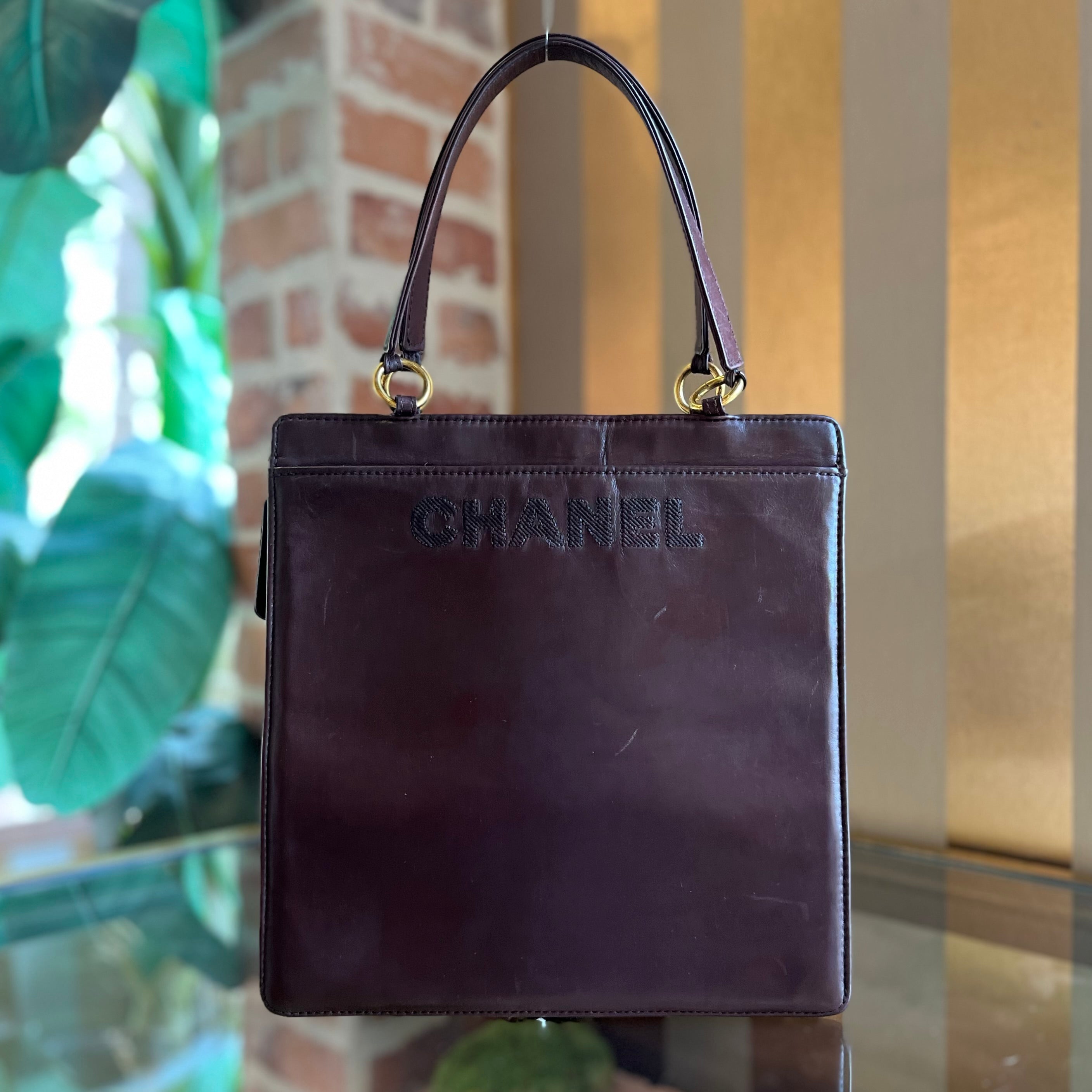 CHANEL Logo Tote Brown Embroidered Calfskin Leather Vintage Tote