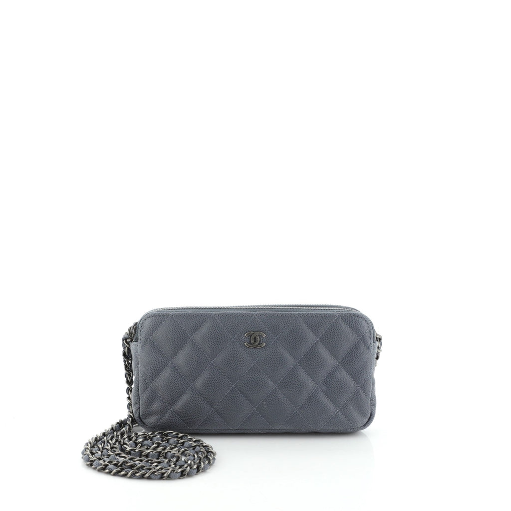 Double Zip Clutch with Chain Quilted Caviar