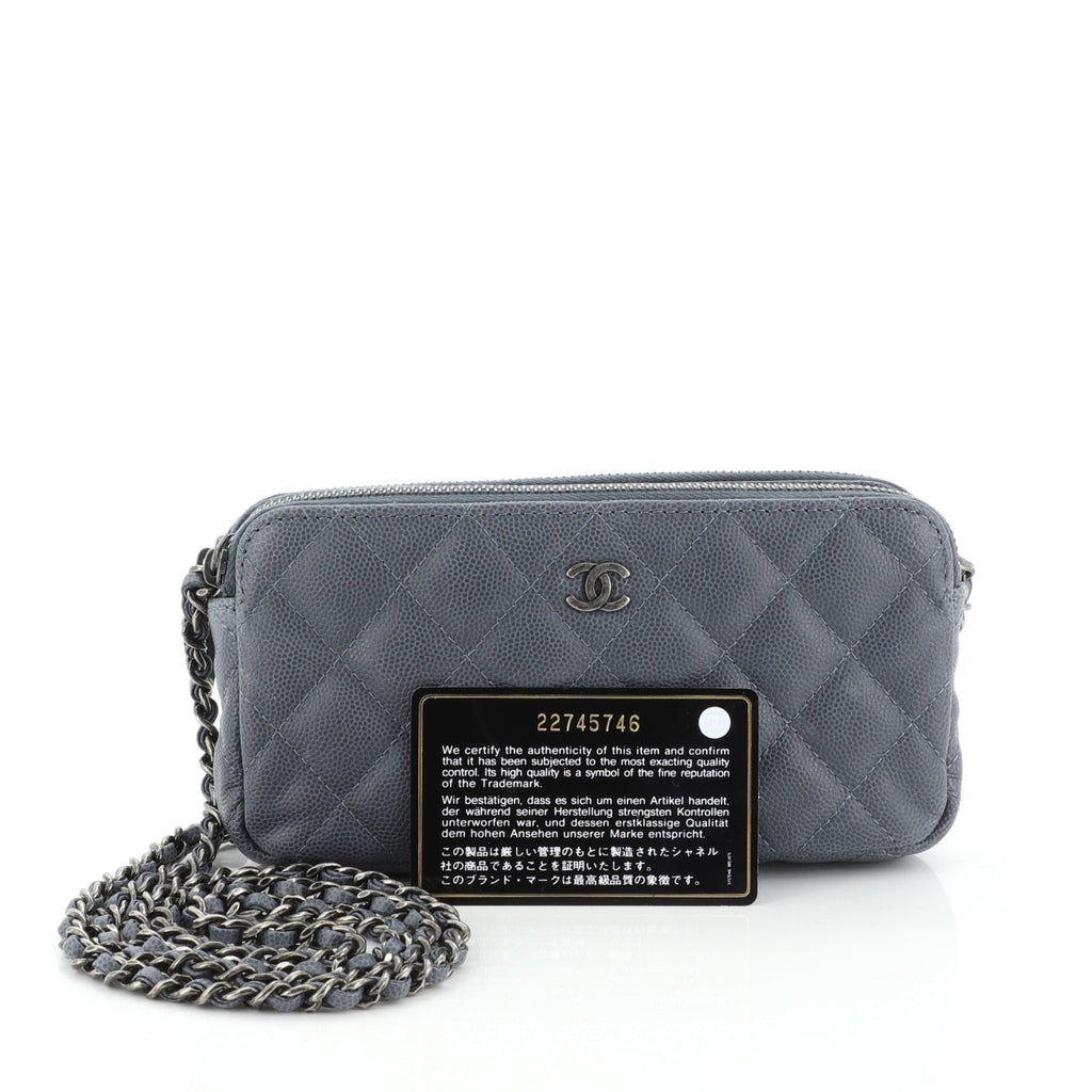 Double Zip Clutch with Chain Quilted Caviar