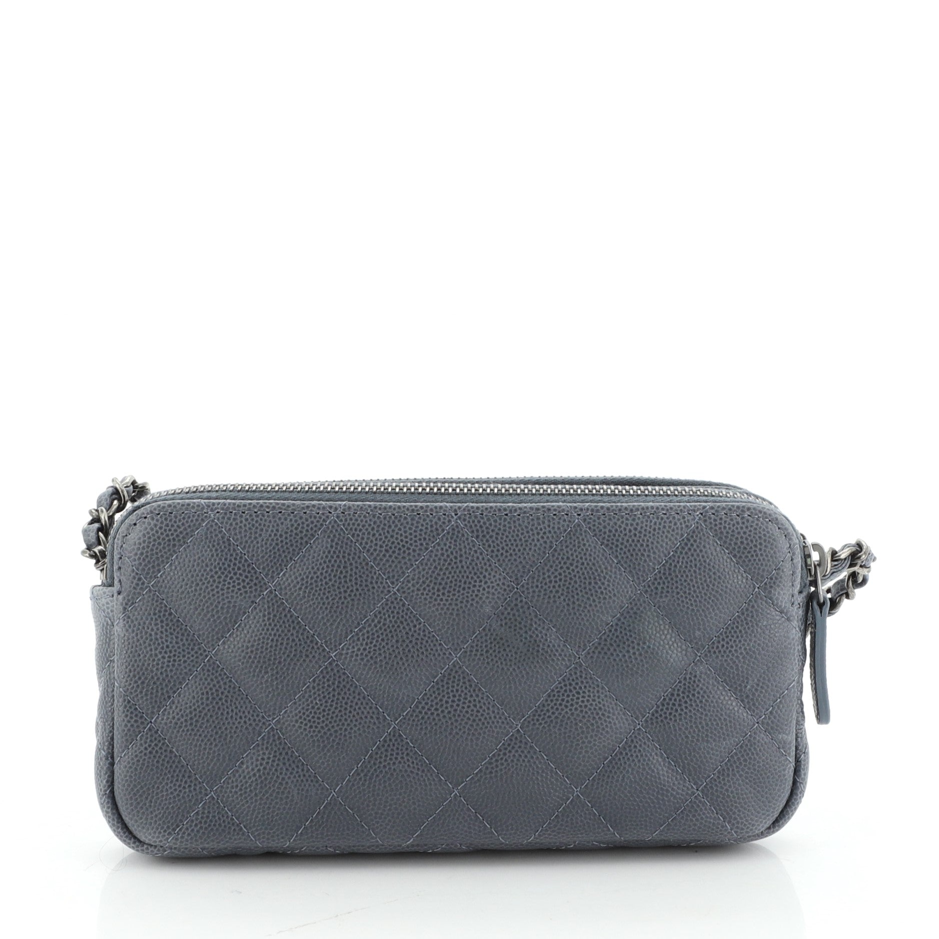 Double Zip Clutch with Chain Quilted Caviar