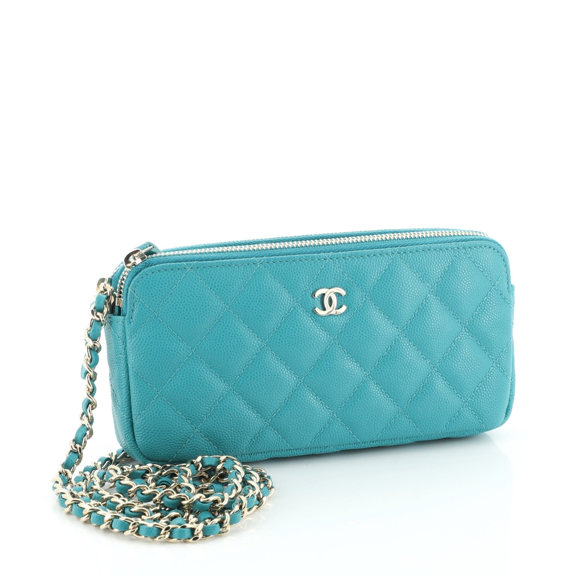Double Zip Clutch with Chain Quilted Caviar