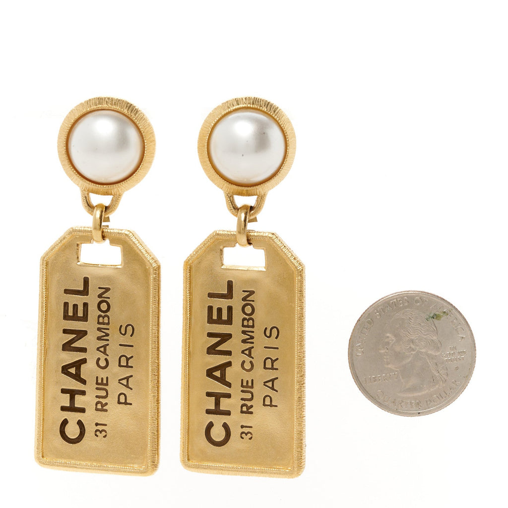 Pearl CC Tags Drop Earrings Gold