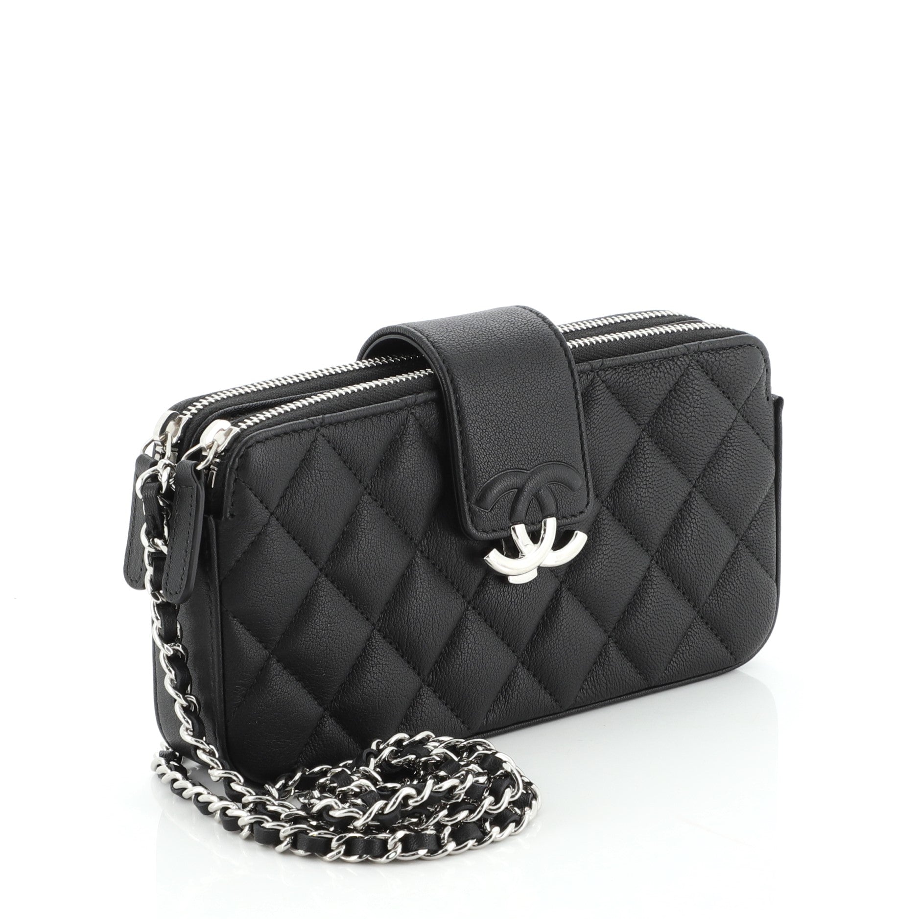 CC Box Double Zip Clutch with Chain Quilted Calfskin