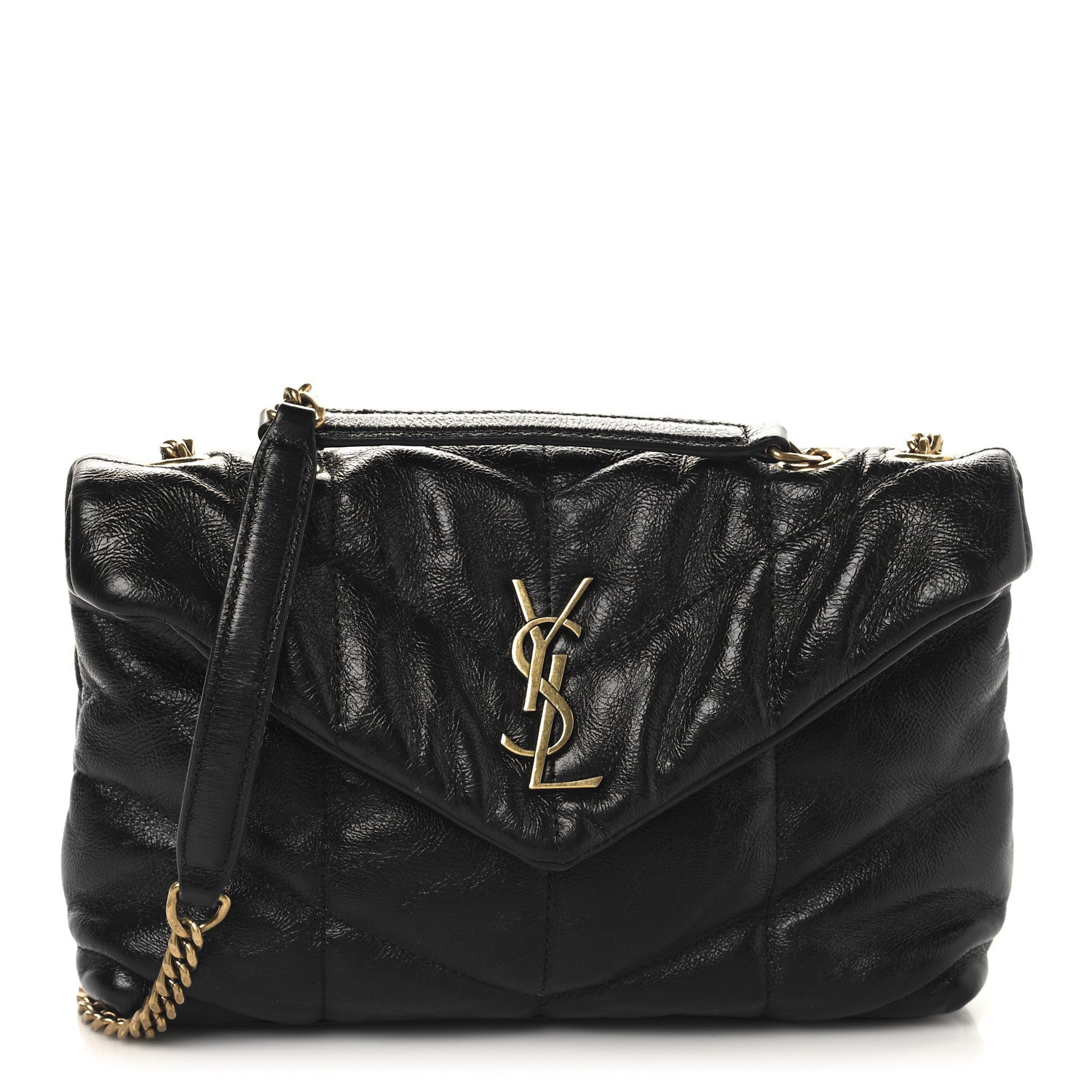 Crinkled Calfskin Quilted Toy Loulou Puffer Monogram Chain Satchel Black
