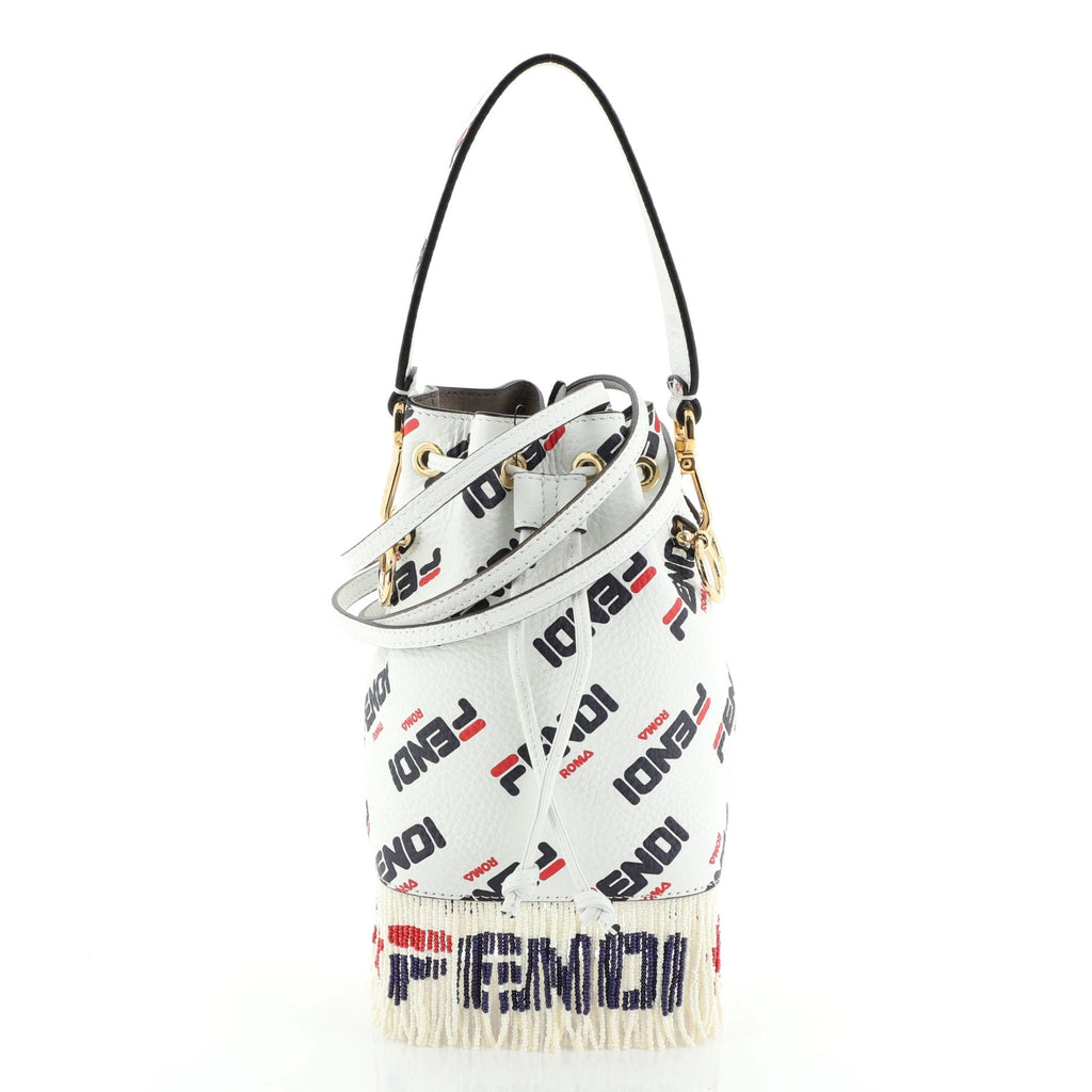 Mania Logo Mon Tresor Bucket Bag Printed Leather with Beaded Fringe Mini