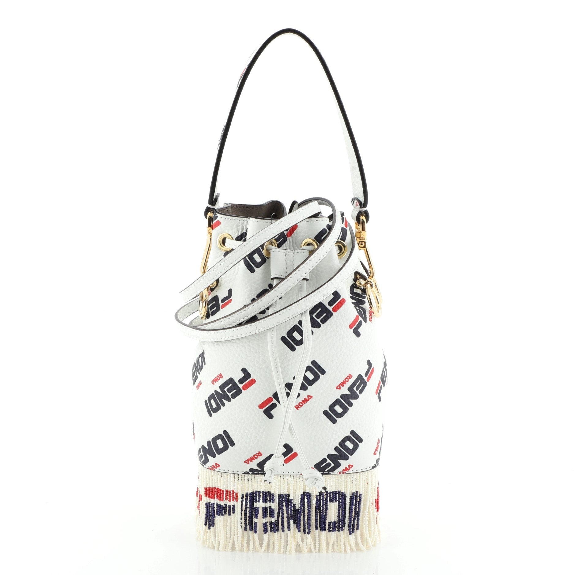 Mania Logo Mon Tresor Bucket Bag Printed Leather with Beaded Fringe Mini
