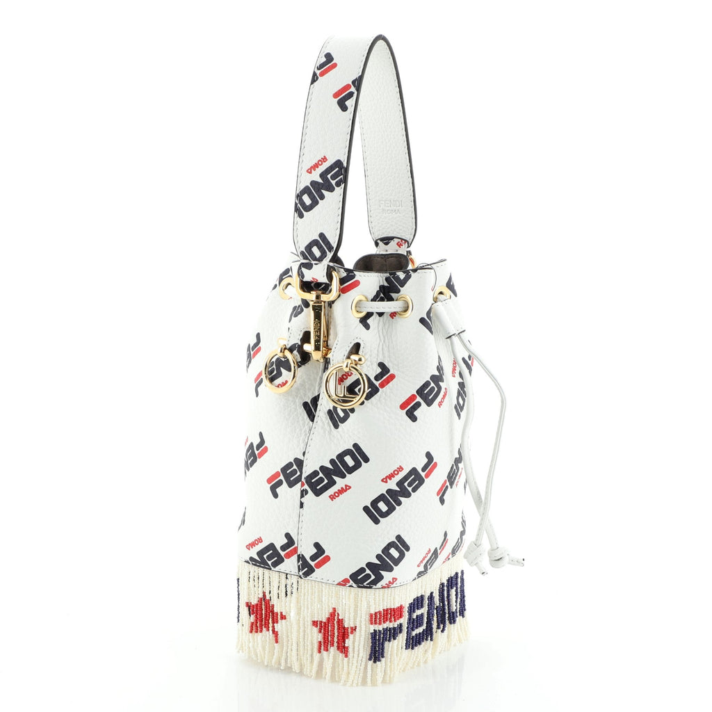 Mania Logo Mon Tresor Bucket Bag Printed Leather with Beaded Fringe Mini