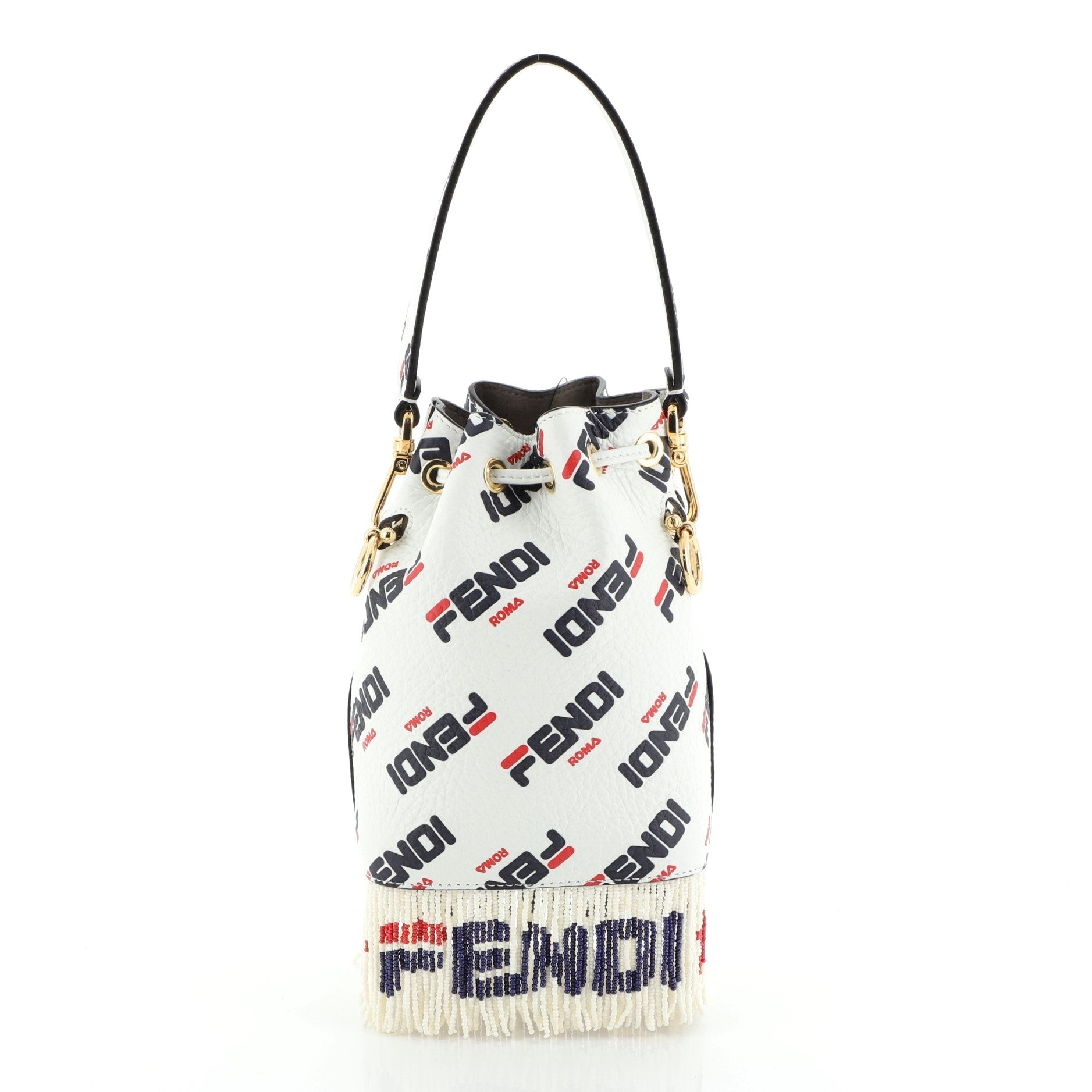 Mania Logo Mon Tresor Bucket Bag Printed Leather with Beaded Fringe Mini