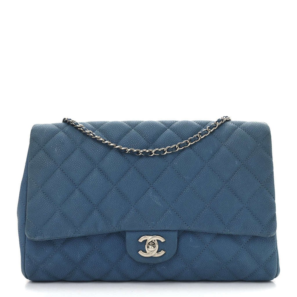 Iridescent Caviar Quilted Clutch With Chain Flap Blue