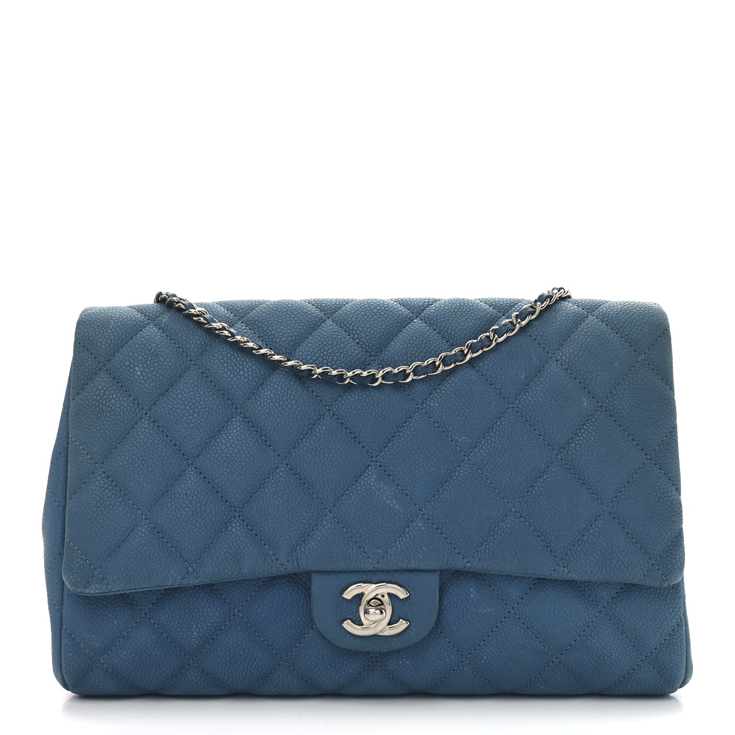Iridescent Caviar Quilted Clutch With Chain Flap Blue