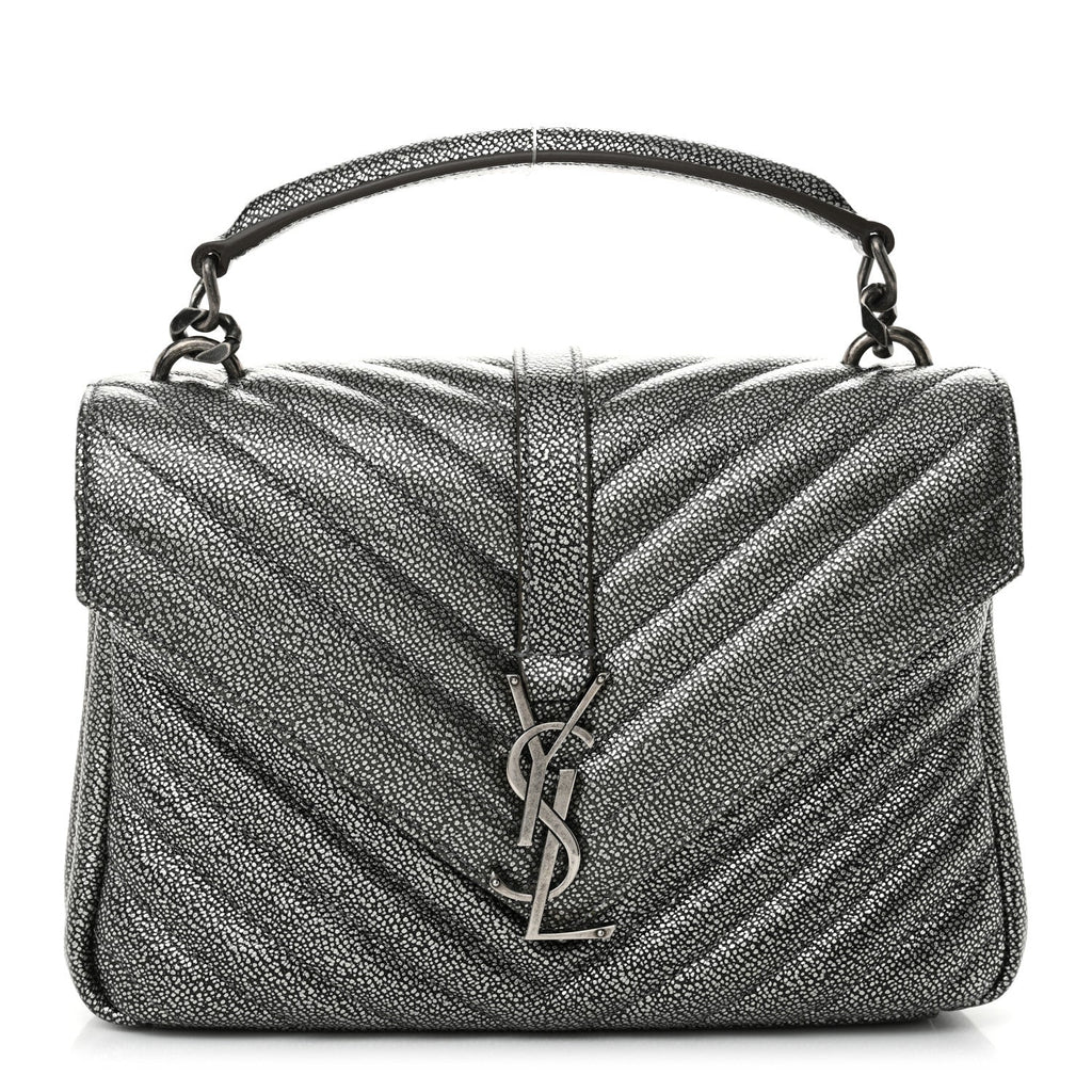 Metallic Grain De Poudre Matelasse Chevron Monogram Medium College Bag Gunmetal