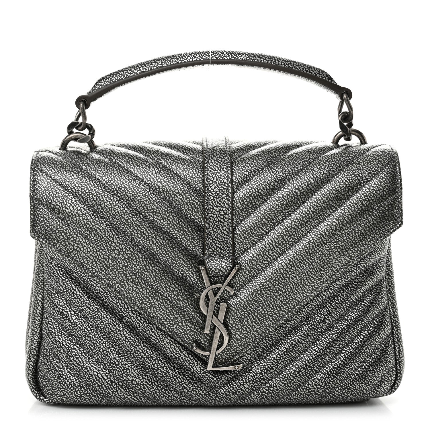 Metallic Grain De Poudre Matelasse Chevron Monogram Medium College Bag Gunmetal