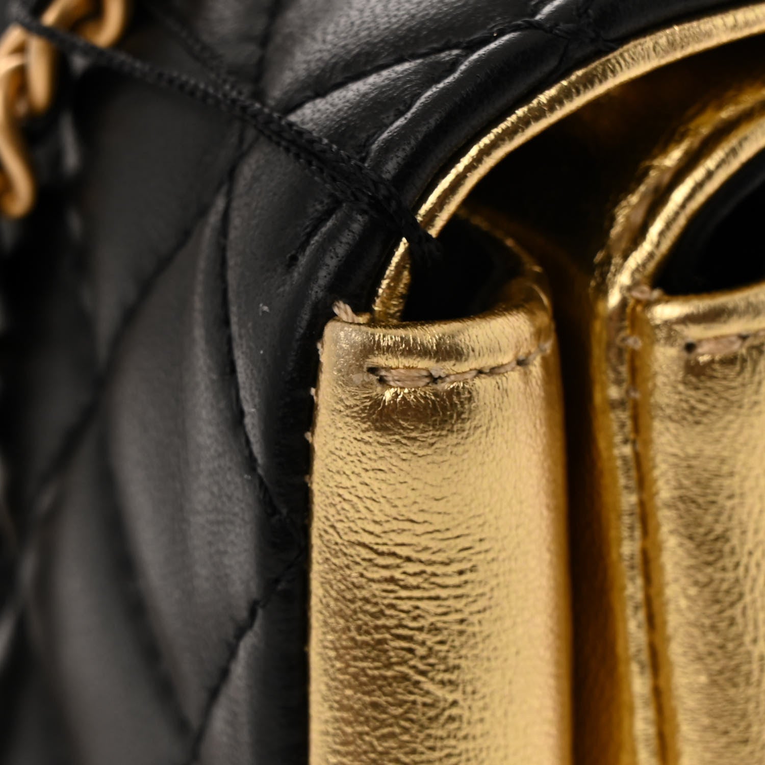 Lambskin Metallic Quilted Small CC Chic Double Flap Black Gold