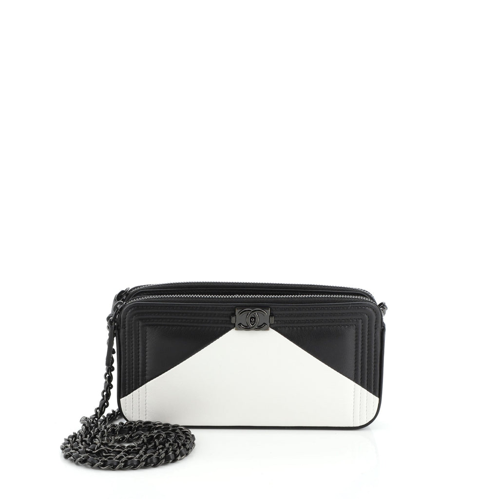 Bicolor Boy Double Zip Clutch with Chain Lambskin