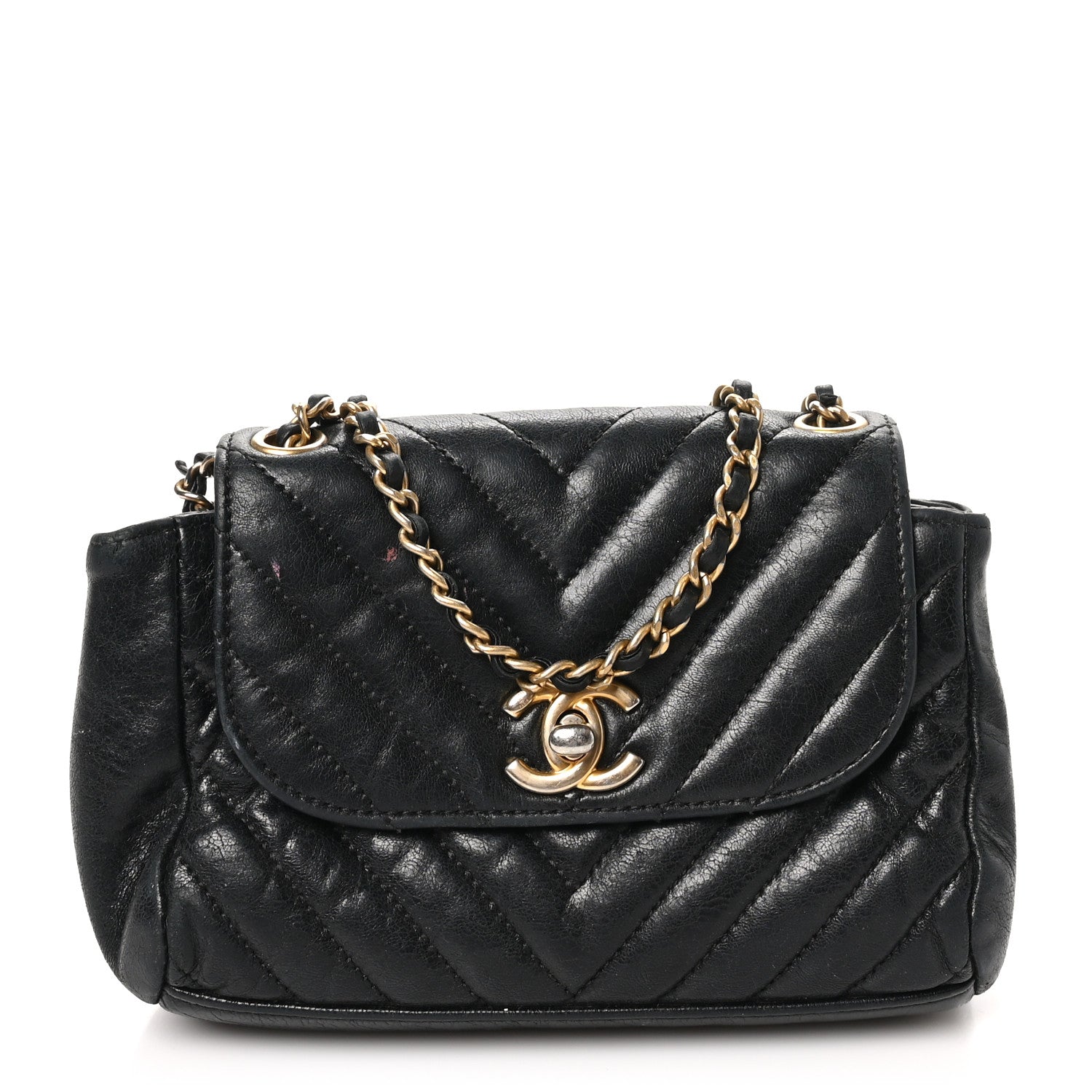 Glazed Calfskin Chevron Quilted Hampton Flap Black