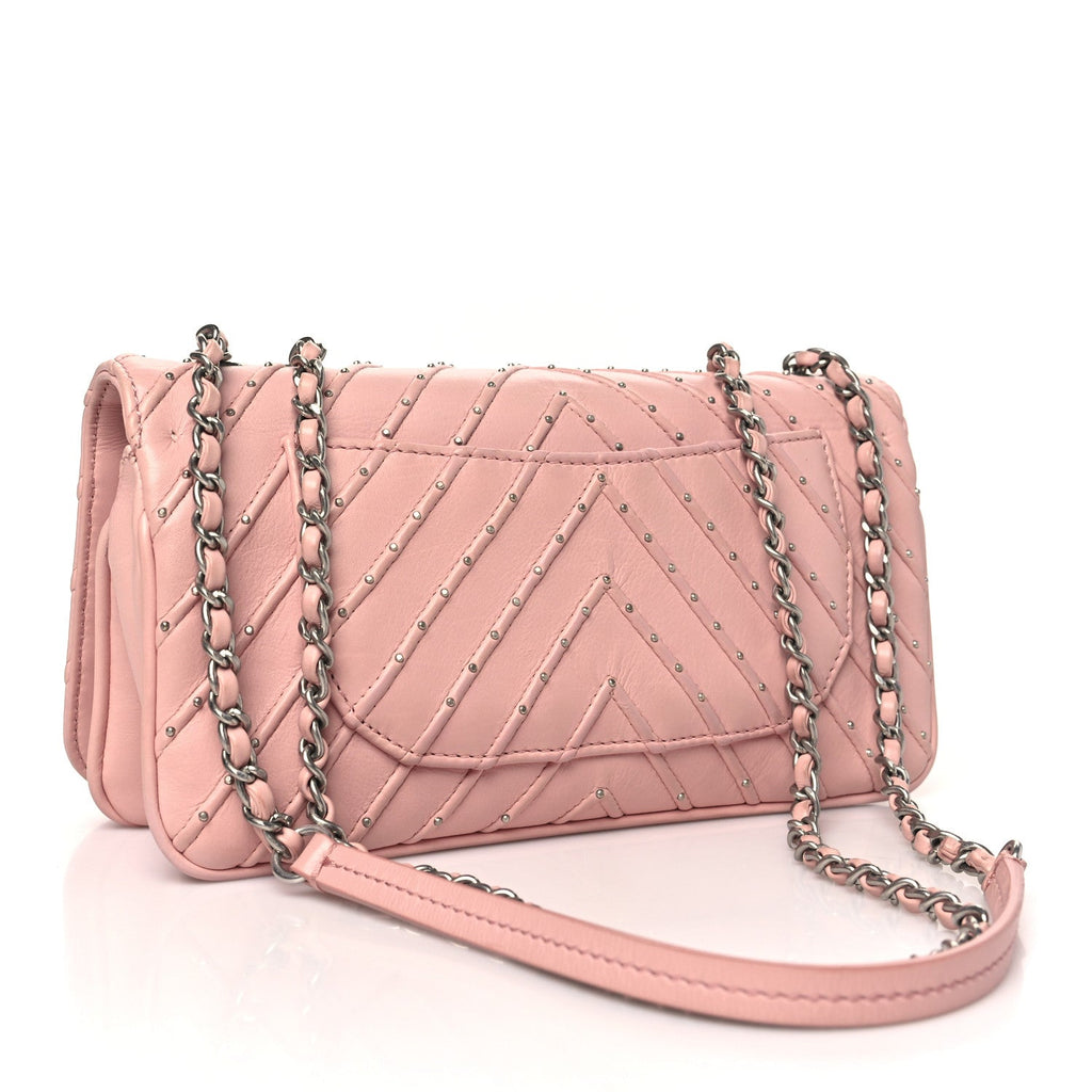 Calfskin Studded Chevron Quilted Flap Pink