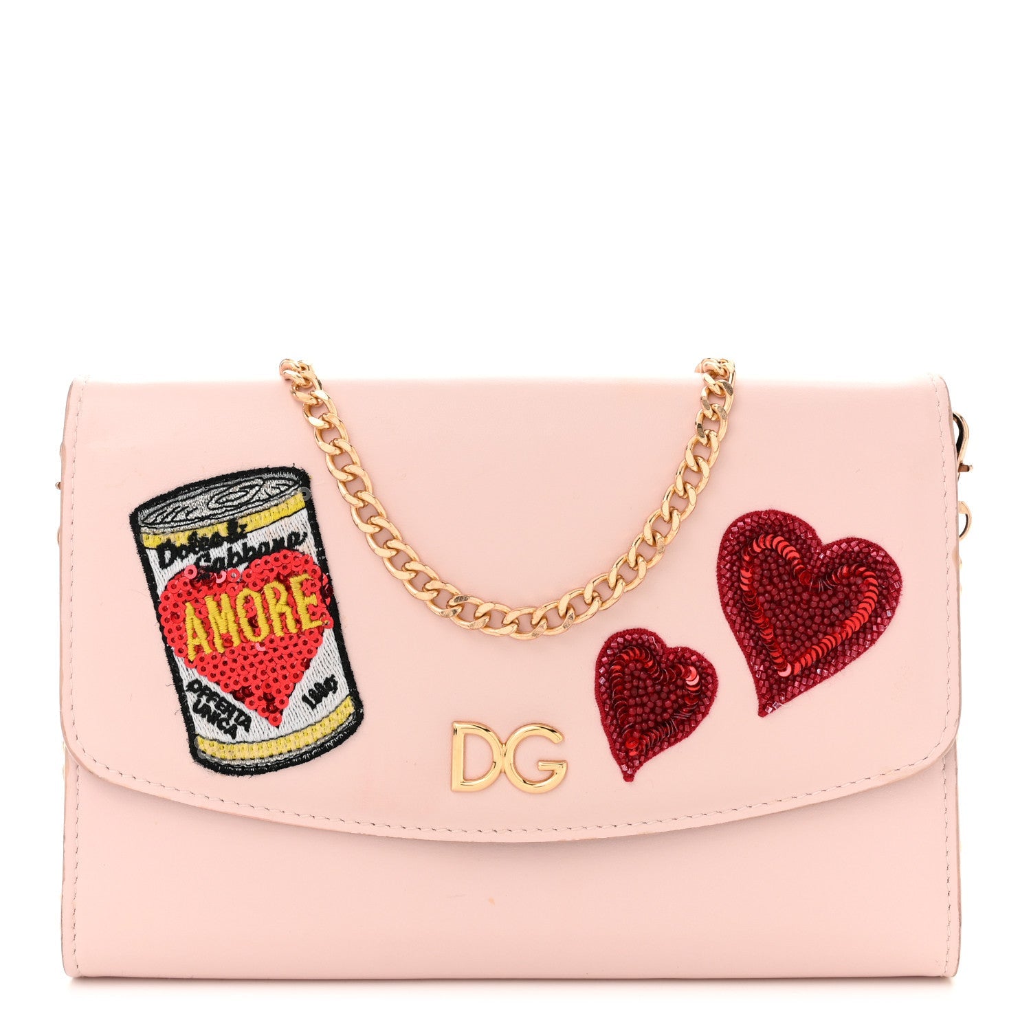 Vitello Embroidered Amore Wallet On Chain Light Pink