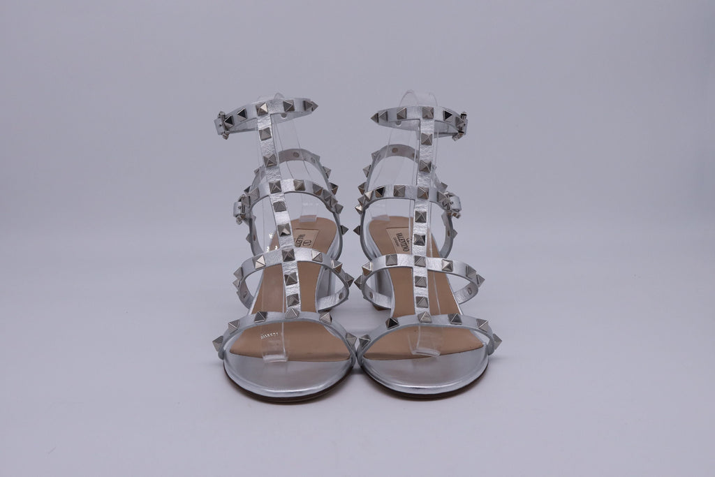 Women's Valentino Garavani Rockstud Caged Sandal Heels in Silver Leather