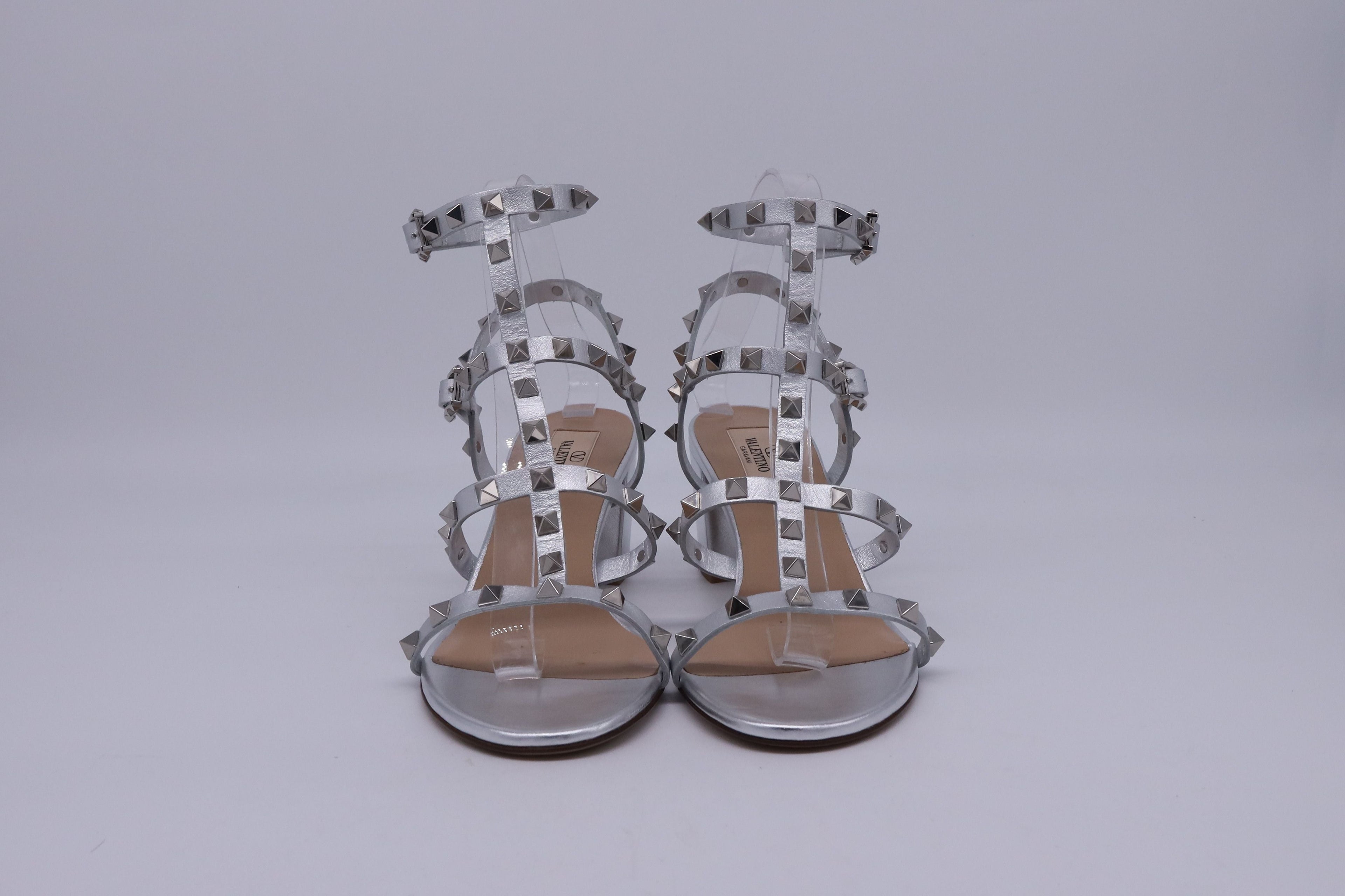 Women's Valentino Garavani Rockstud Caged Sandal Heels in Silver Leather