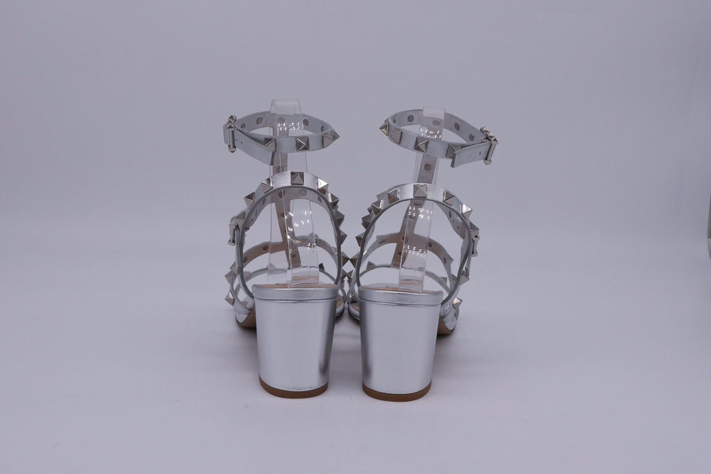 Women's Valentino Garavani Rockstud Caged Sandal Heels in Silver Leather