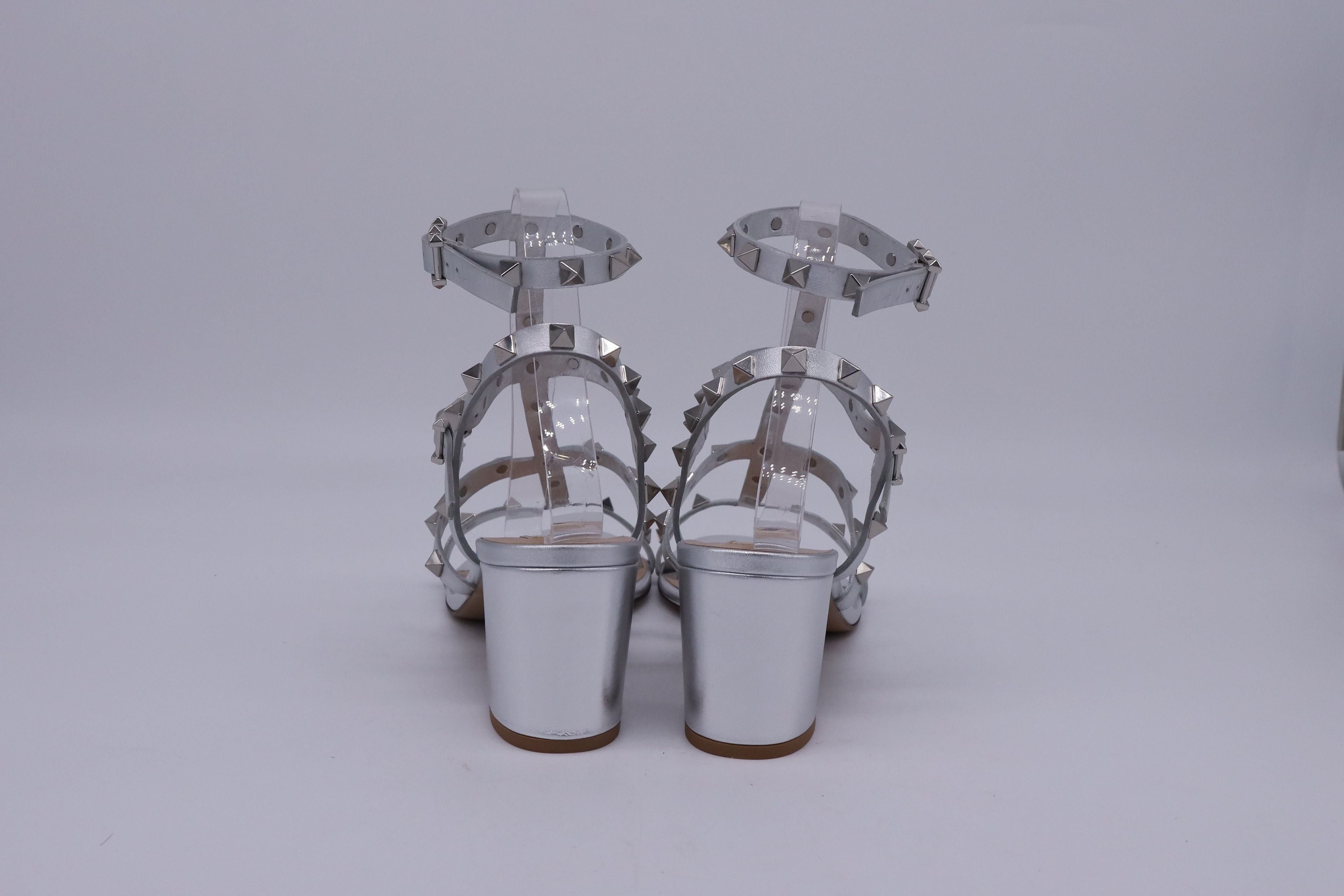 Women's Valentino Garavani Rockstud Caged Sandal Heels in Silver Leather