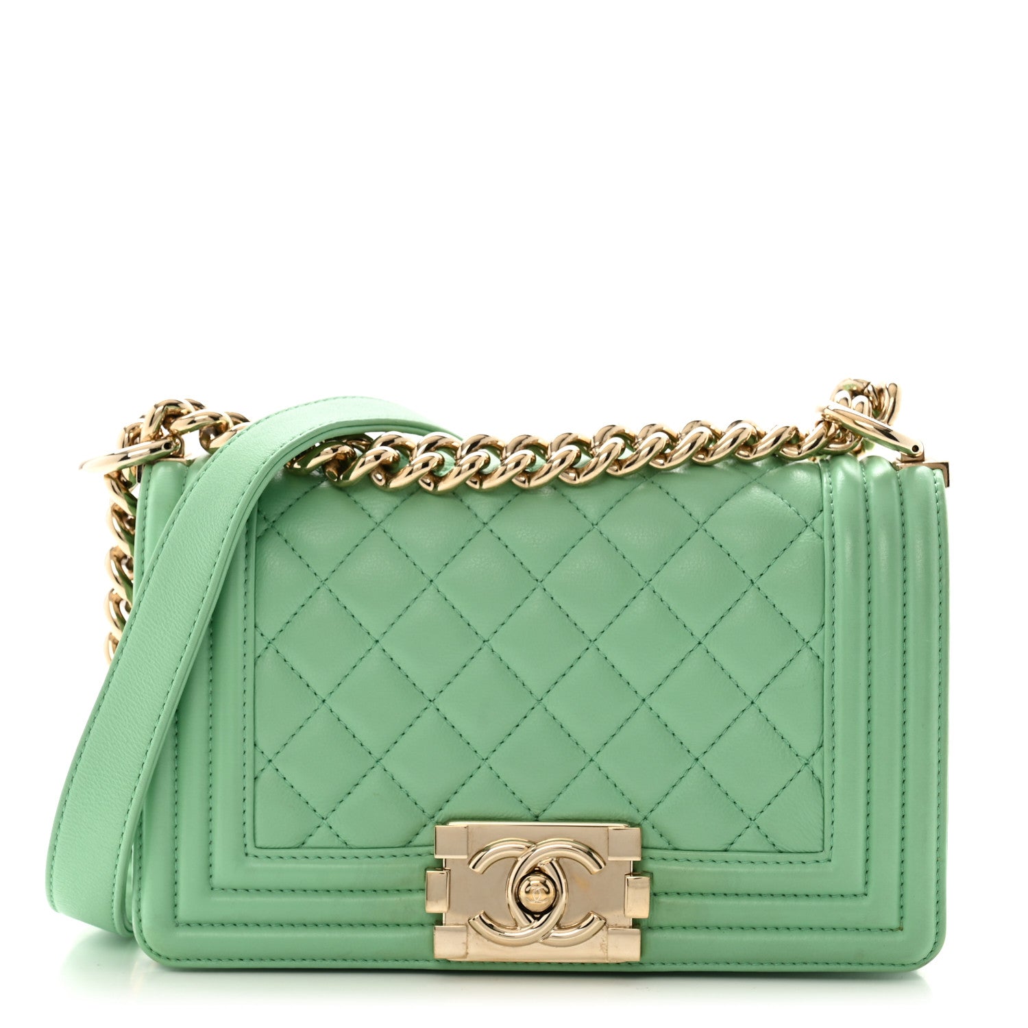 Lambskin Quilted Small Boy Flap Green