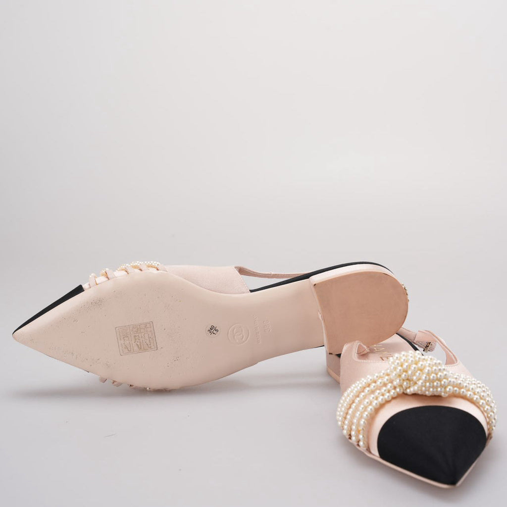 Chanel Satin Grosgrain Pearl Slingback Flats Pink/Black Size 38
