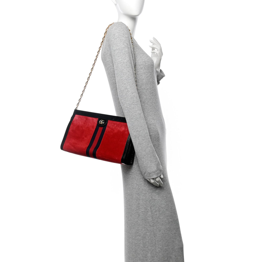 Suede Patent Web Medium Ophidia Chain Shoulder Bag Hibiscus Red Black