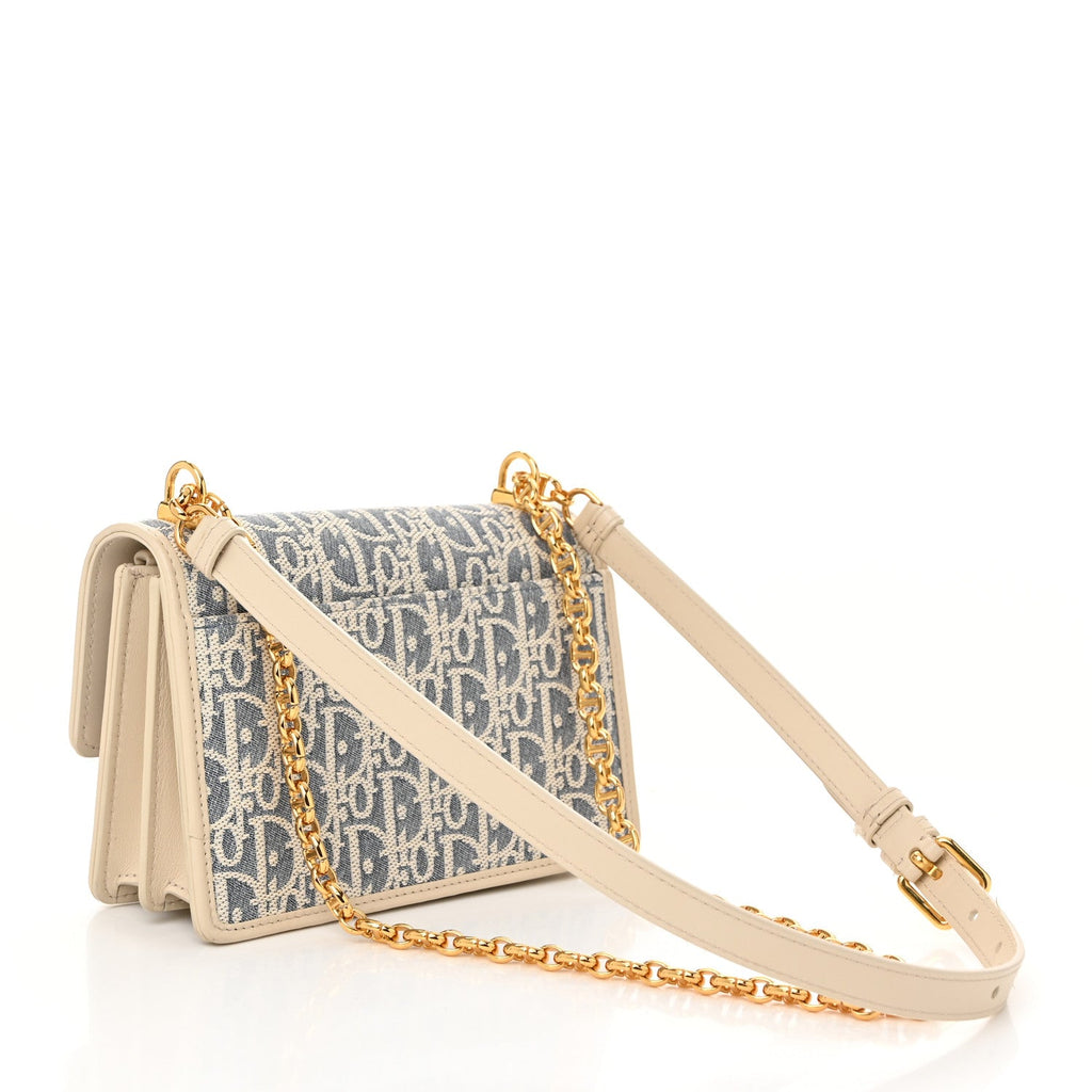 Oblique Chambray Raffia Effect Smooth Calfskin Mini Miss Caro Bag Blue Light Biscuit